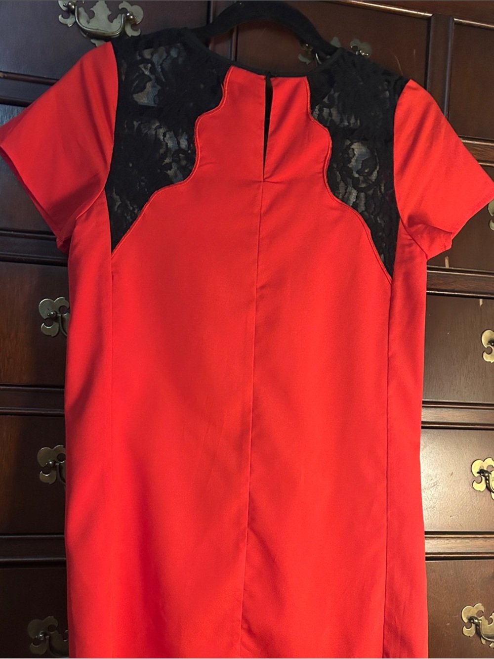 MM Couture Red Mini Dress with Black Lace Yoke - Picture 5 of 5